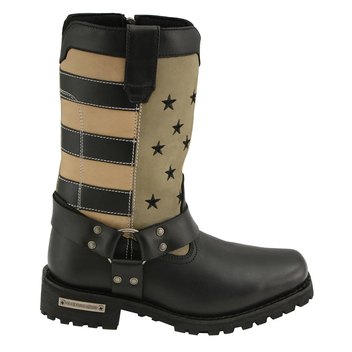 FLAG MBL9363 Womens Stars and Stripes Black and Tan Leather Motorcycle Rider Harness Boots
