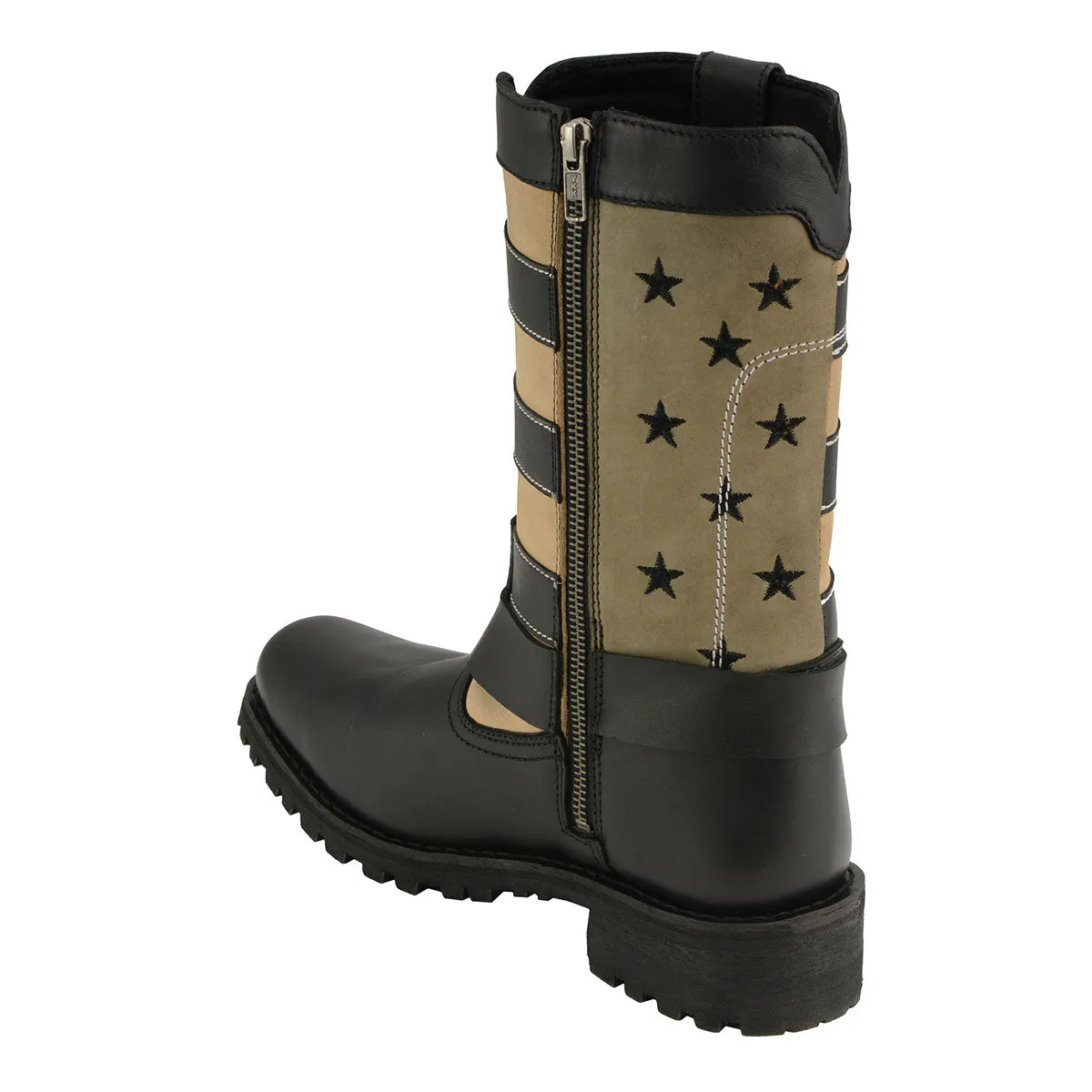 FLAG MBL9363 Womens Stars and Stripes Black and Tan Leather Motorcycle Rider Harness Boots
