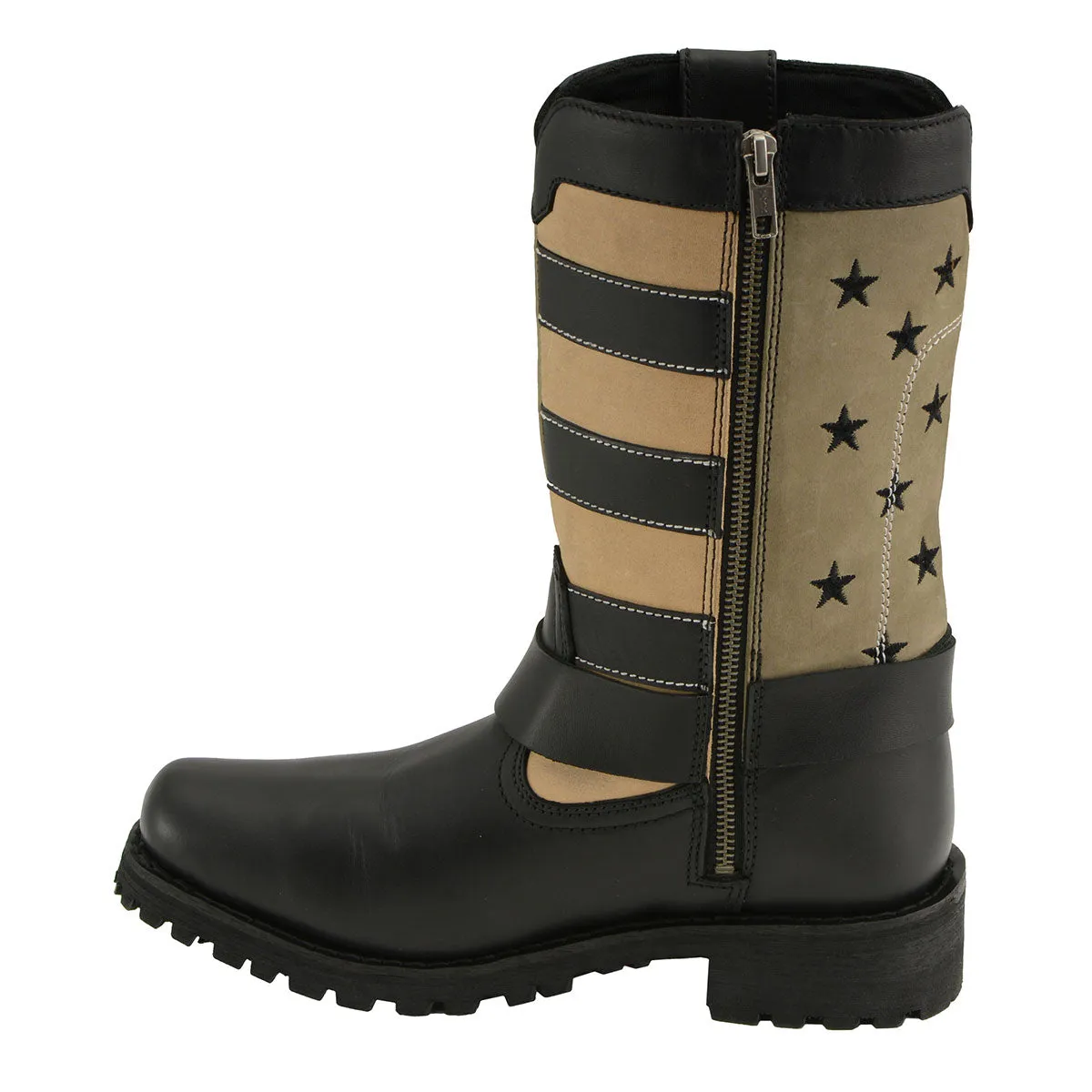 FLAG MBL9363 Womens Stars and Stripes Black and Tan Leather Motorcycle Rider Harness Boots