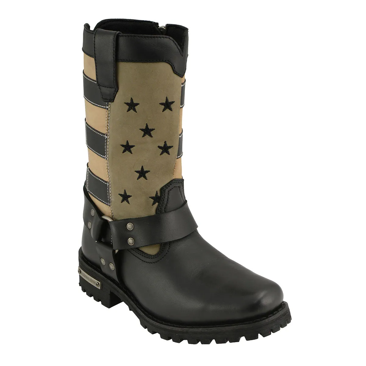 FLAG MBL9363 Womens Stars and Stripes Black and Tan Leather Motorcycle Rider Harness Boots