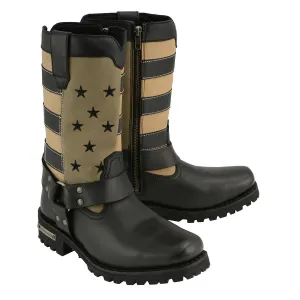 FLAG MBL9363 Womens Stars and Stripes Black and Tan Leather Motorcycle Rider Harness Boots