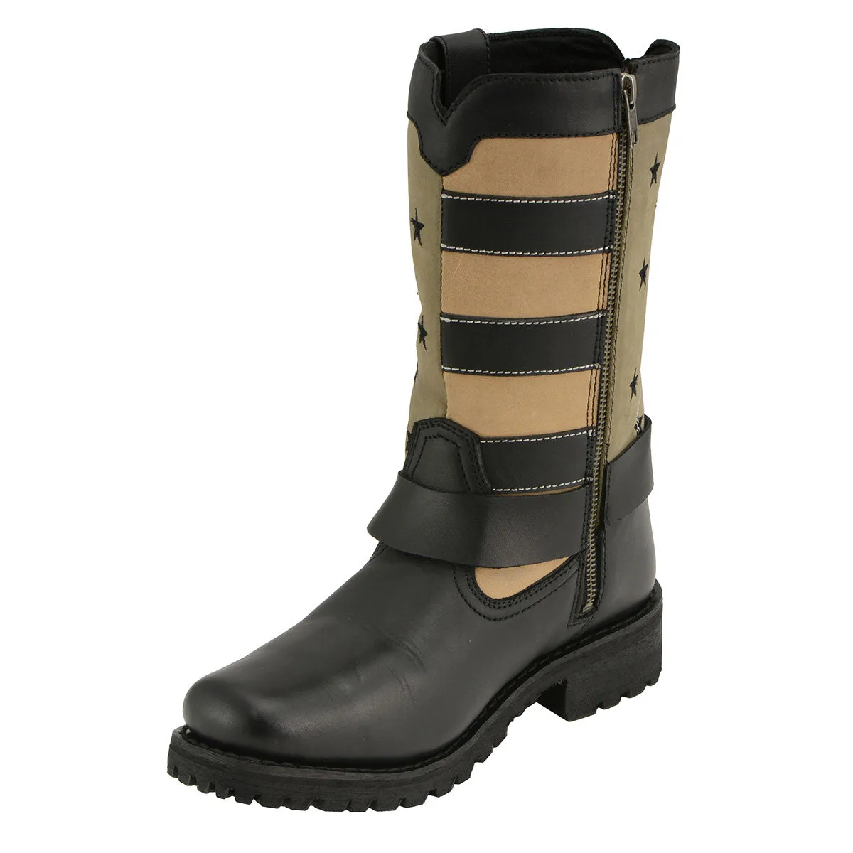 FLAG MBL9363 Womens Stars and Stripes Black and Tan Leather Motorcycle Rider Harness Boots