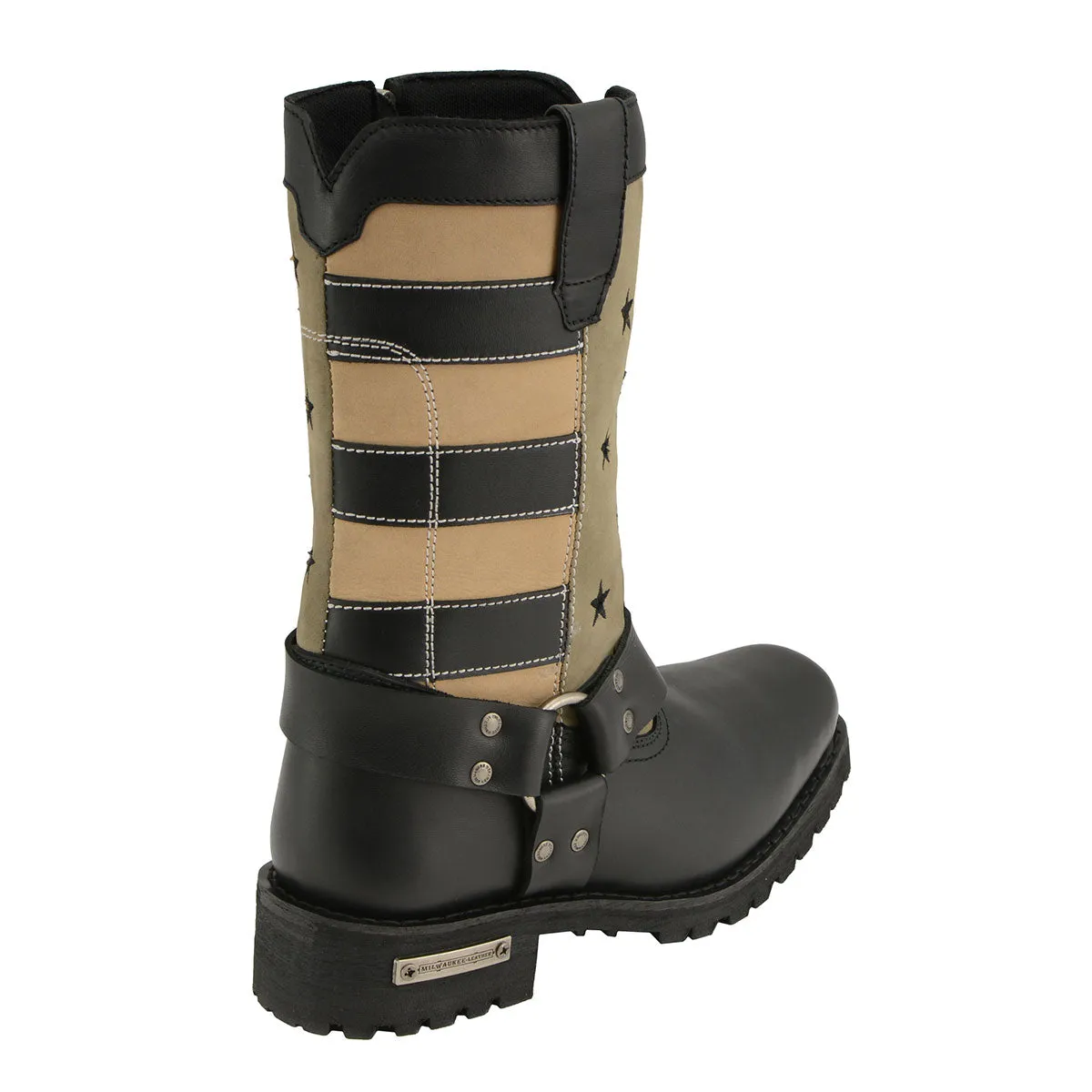 FLAG MBL9363 Womens Stars and Stripes Black and Tan Leather Motorcycle Rider Harness Boots