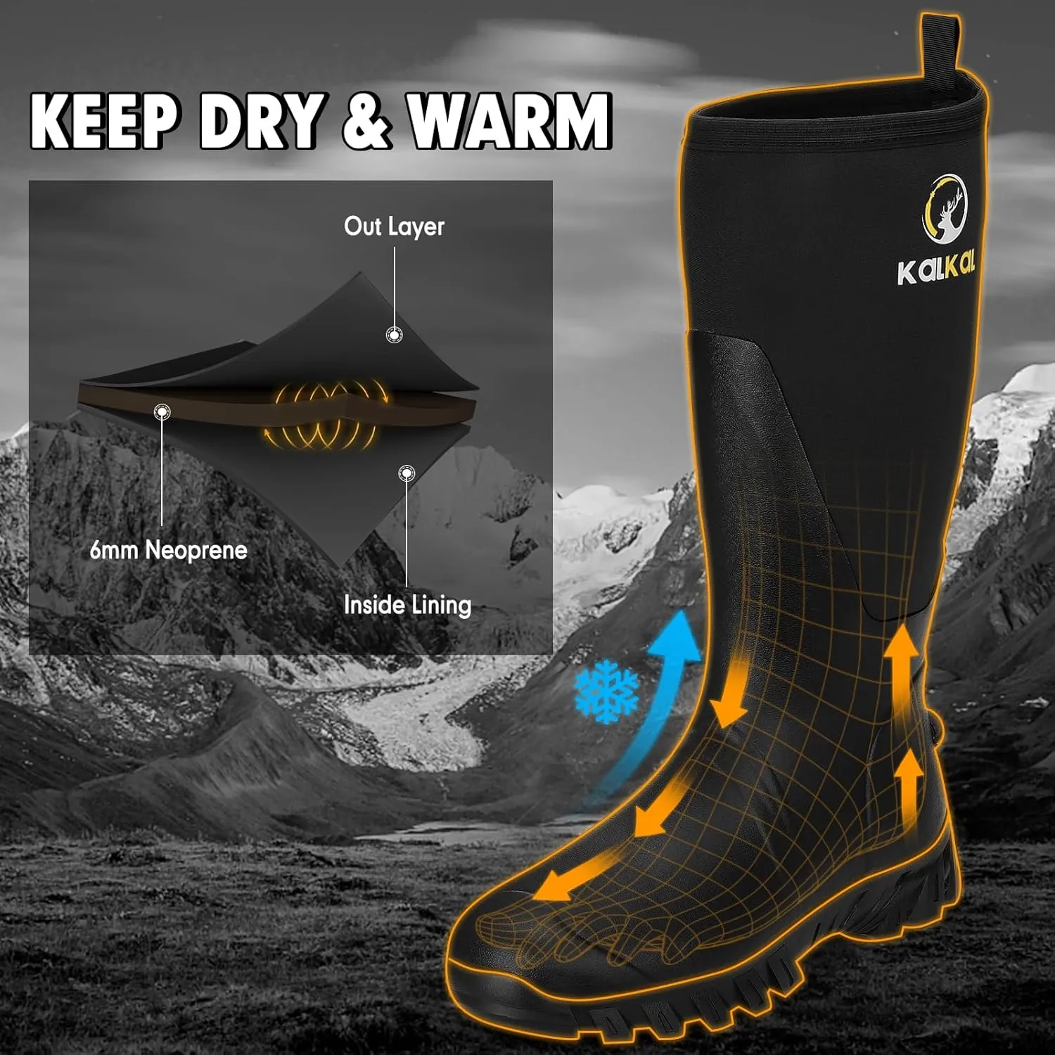 Kalkal Men's Rain Boots, Waterproof Rubber Boots For Men Lightweight Tall Hunting Boots, 6mm Neoprene Insulated Mens Work Wide Boots for Mud Hunting Farming Fishing