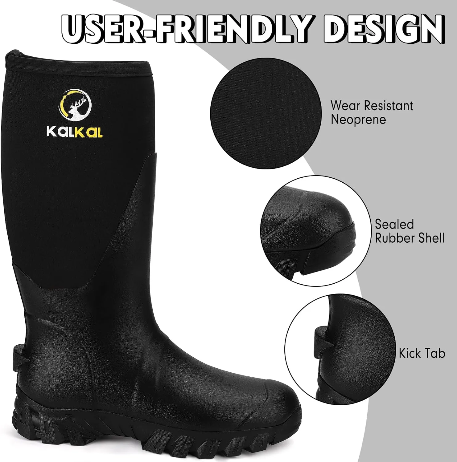 Kalkal Men's Rain Boots, Waterproof Rubber Boots For Men Lightweight Tall Hunting Boots, 6mm Neoprene Insulated Mens Work Wide Boots for Mud Hunting Farming Fishing