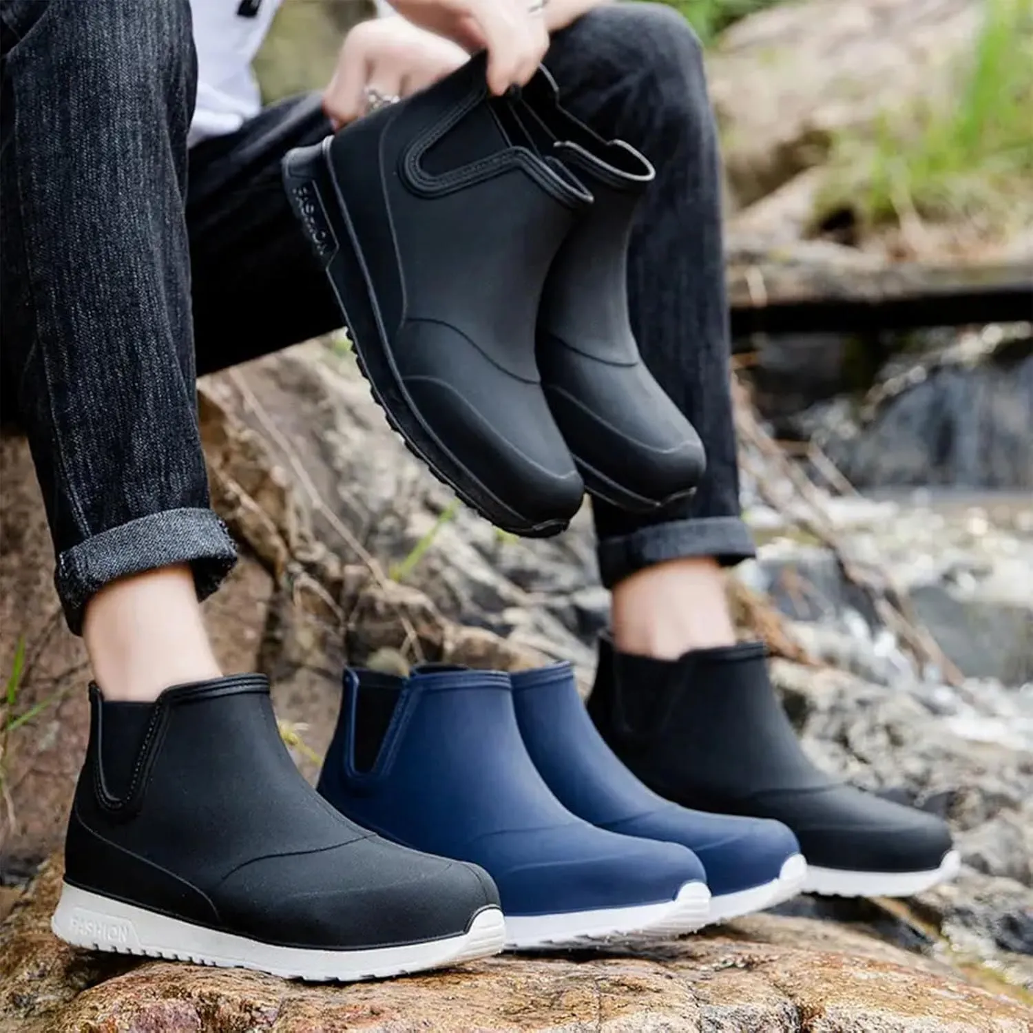 Men's Comfortable Insole Rain Boots Durable Mid Calf Deck Boots Waterproof Non Slip Rain Shoes Men Casual Garden Shoes Lightweight Kitchen Labor Shoe Black Fishing Shoe Water Footwear