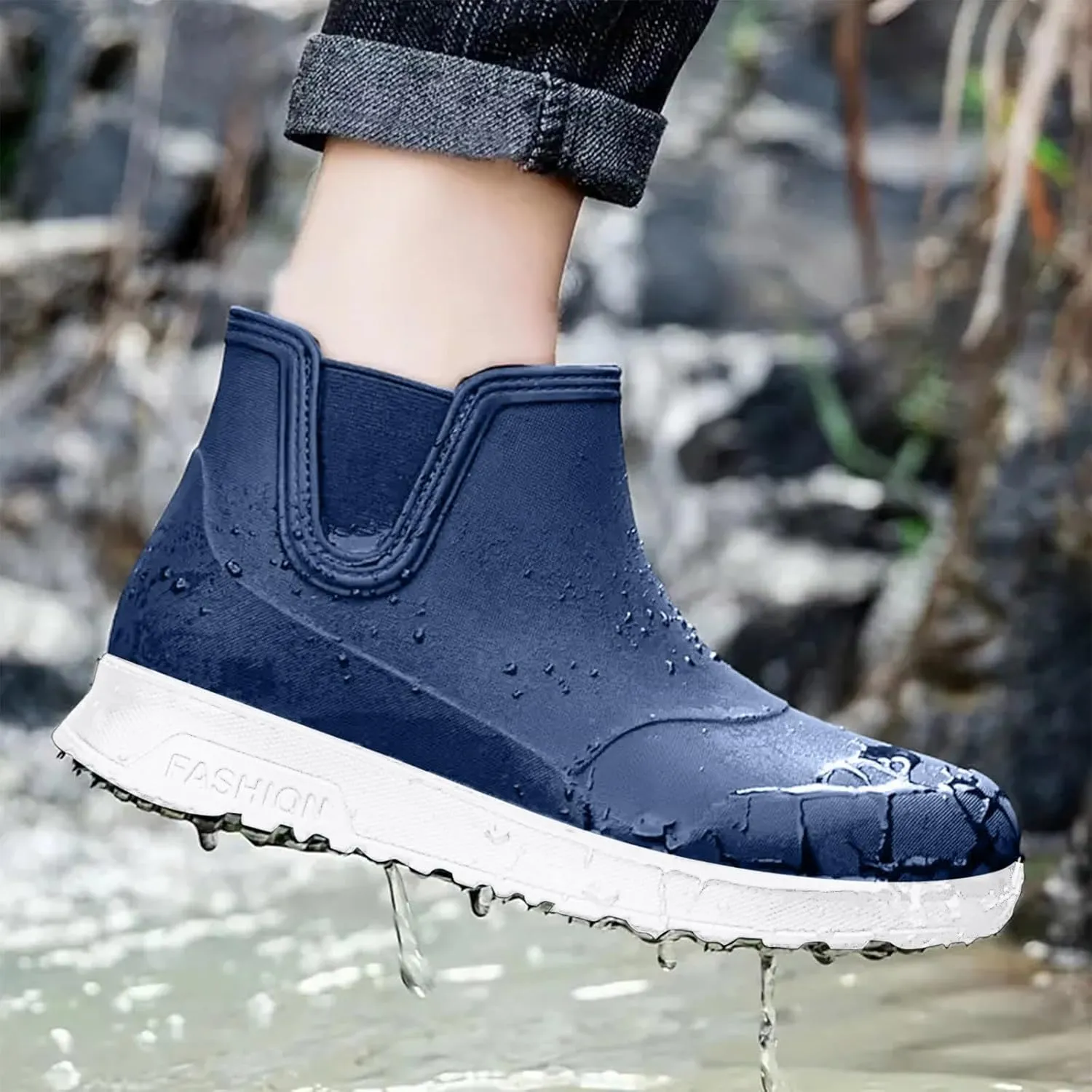 Men's Comfortable Insole Rain Boots Durable Mid Calf Deck Boots Waterproof Non Slip Rain Shoes Men Casual Garden Shoes Lightweight Kitchen Labor Shoe Black Fishing Shoe Water Footwear