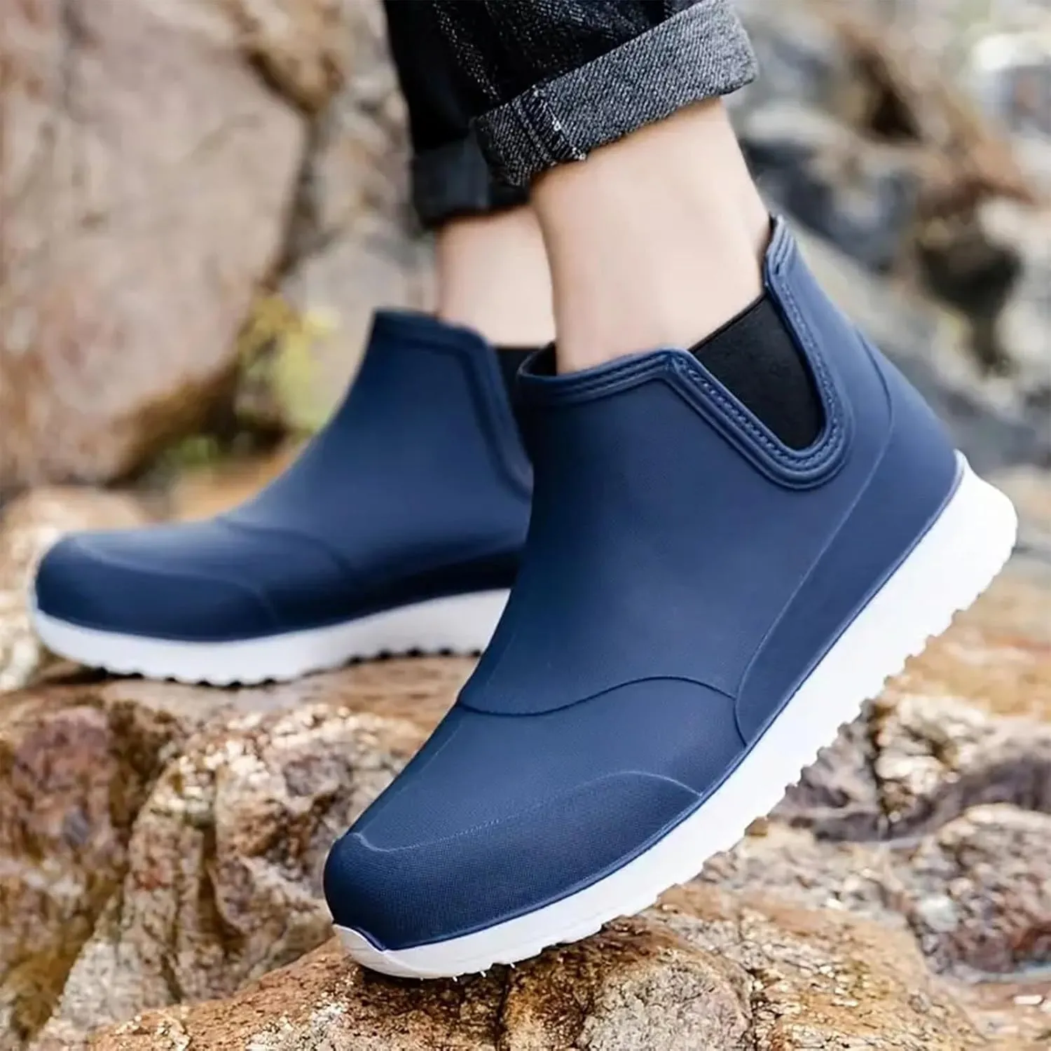 Men's Comfortable Insole Rain Boots Durable Mid Calf Deck Boots Waterproof Non Slip Rain Shoes Men Casual Garden Shoes Lightweight Kitchen Labor Shoe Black Fishing Shoe Water Footwear