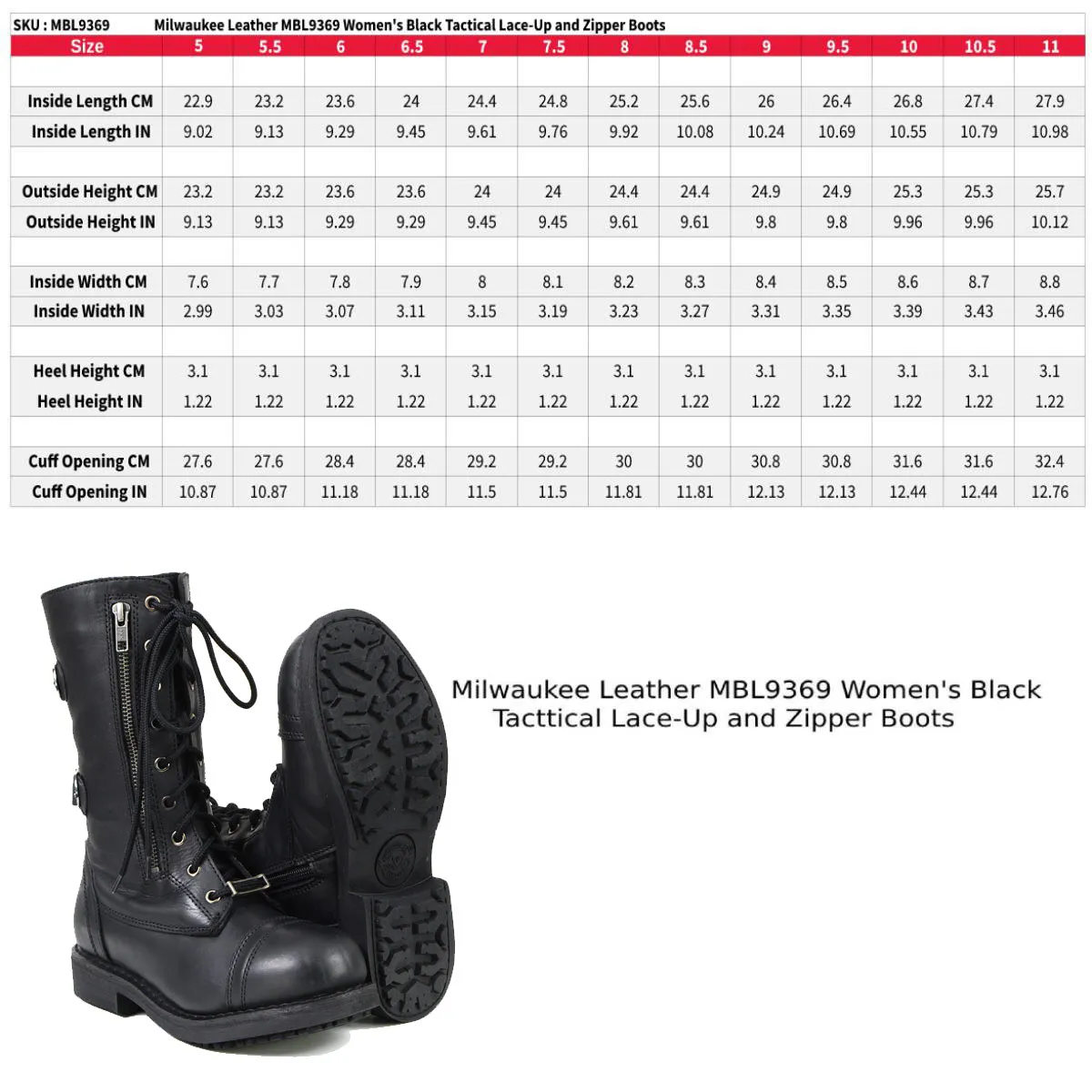 Milwaukee Leather MBL9369 Women's Graze Black Leather Lace-Up Boots with Zipper Pocket