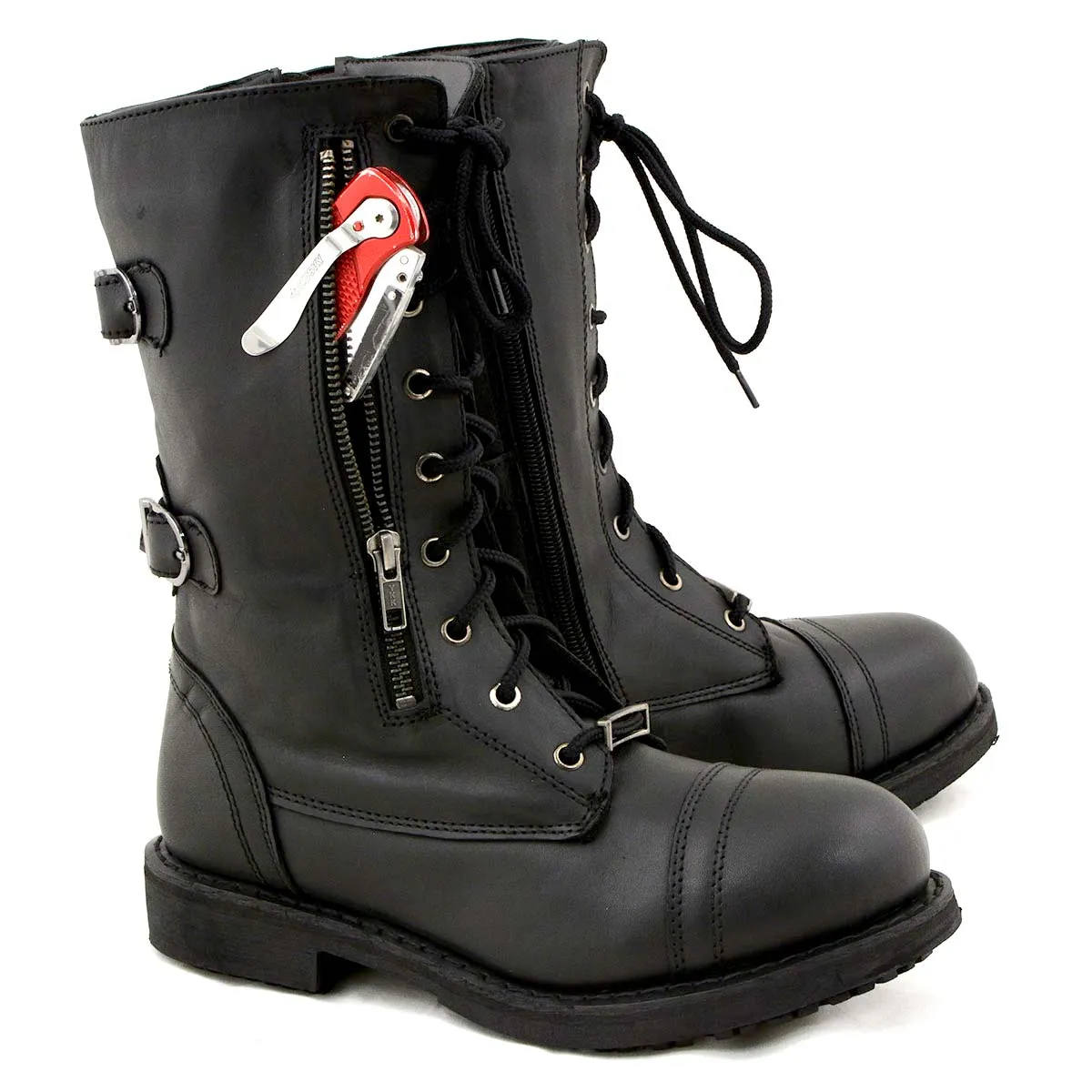 Milwaukee Leather MBL9369 Women's Graze Black Leather Lace-Up Boots with Zipper Pocket
